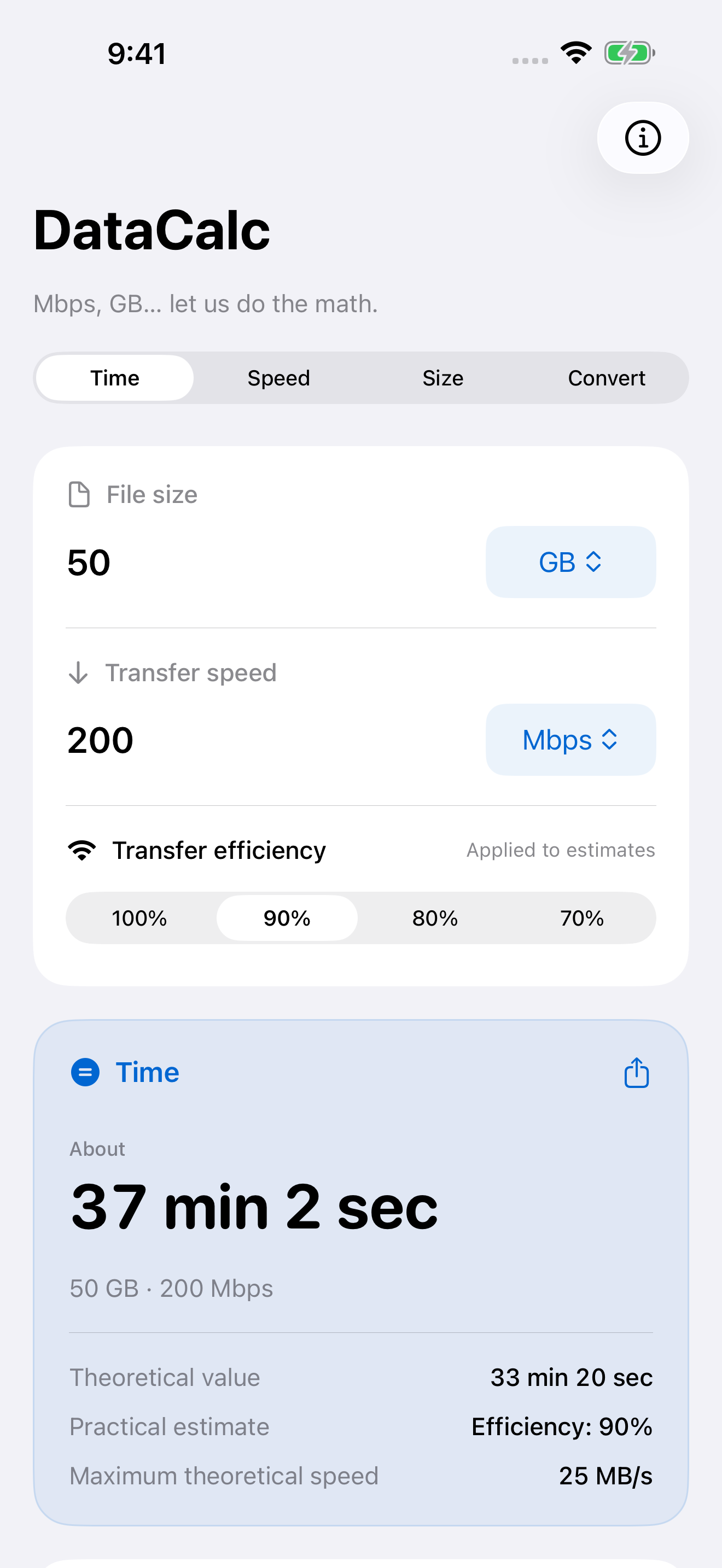 DataCalc estimating the time to transfer 50 GB at 200 Mbps with 90% efficiency