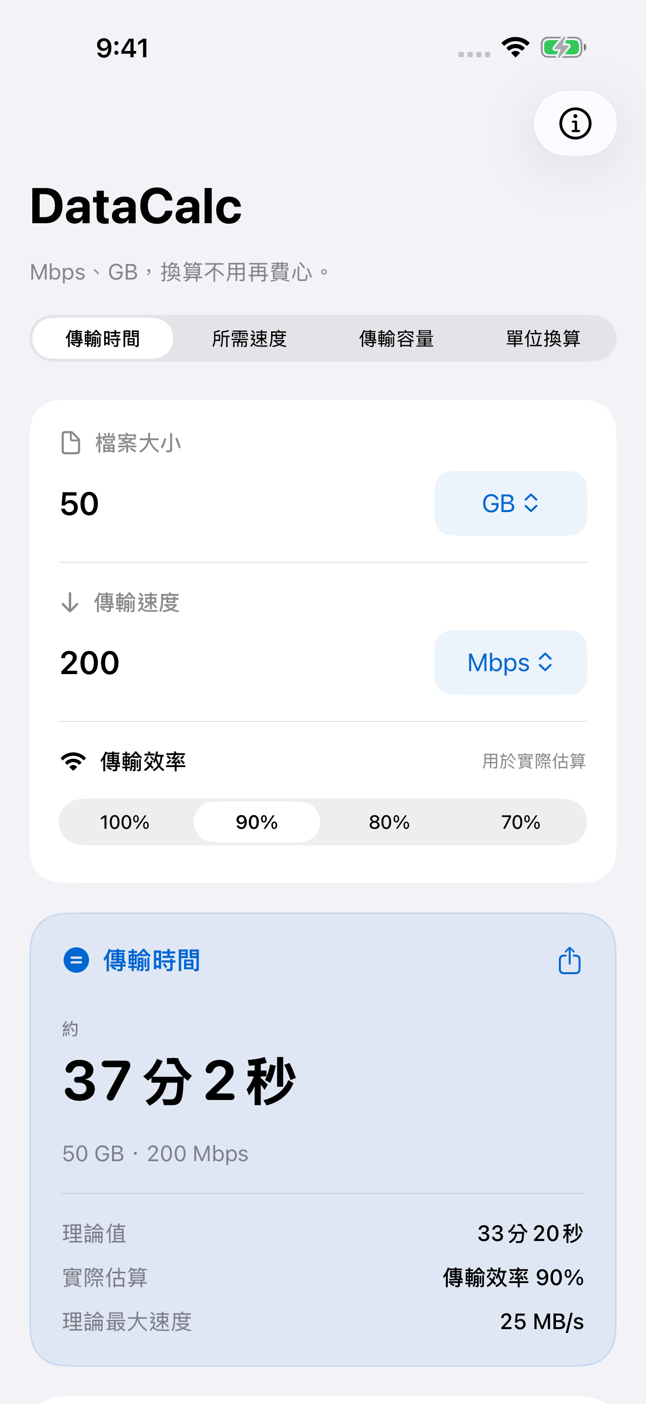 DataCalc以200 Mbps速度、90%傳輸效率估算50 GB檔案的傳輸時間