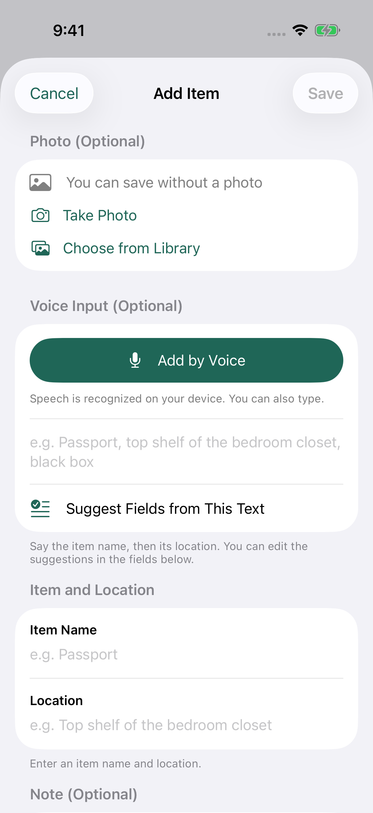 Type to save. Photos and voice are optional.