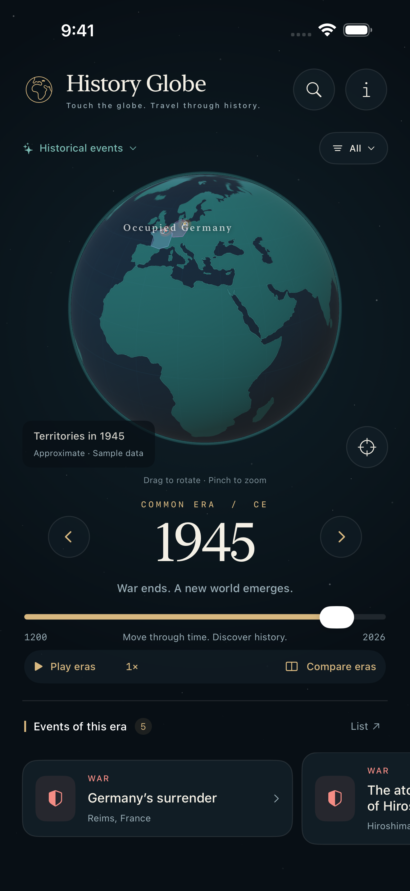 History Globe showing the 1945 globe, timeline and historical event cards