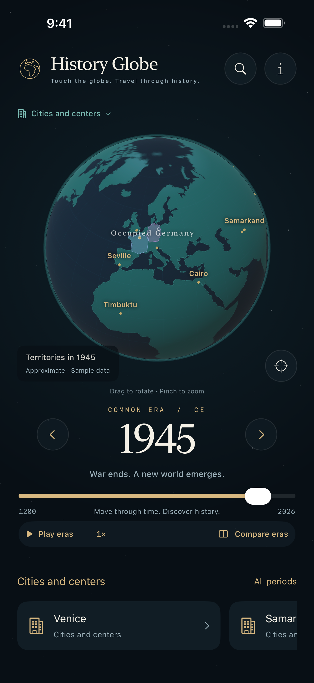 Venice and other historical cities on the 1945 globe