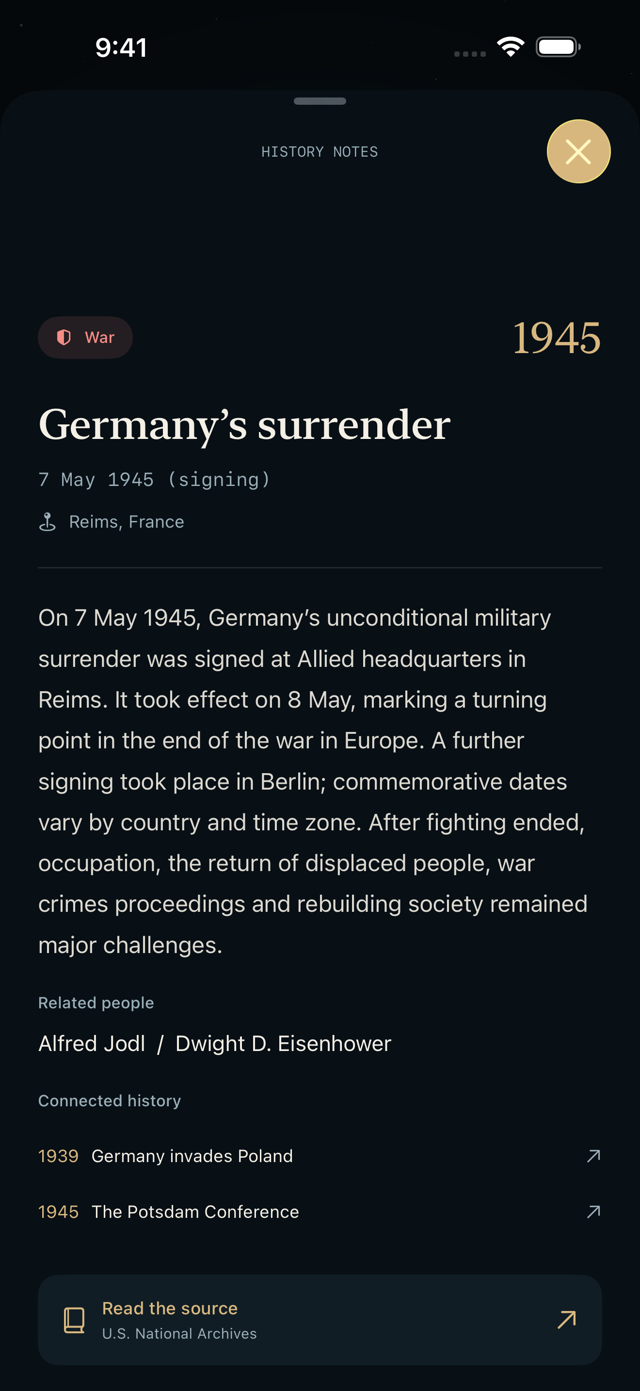Germany's surrender in 1945, with related events and a source link