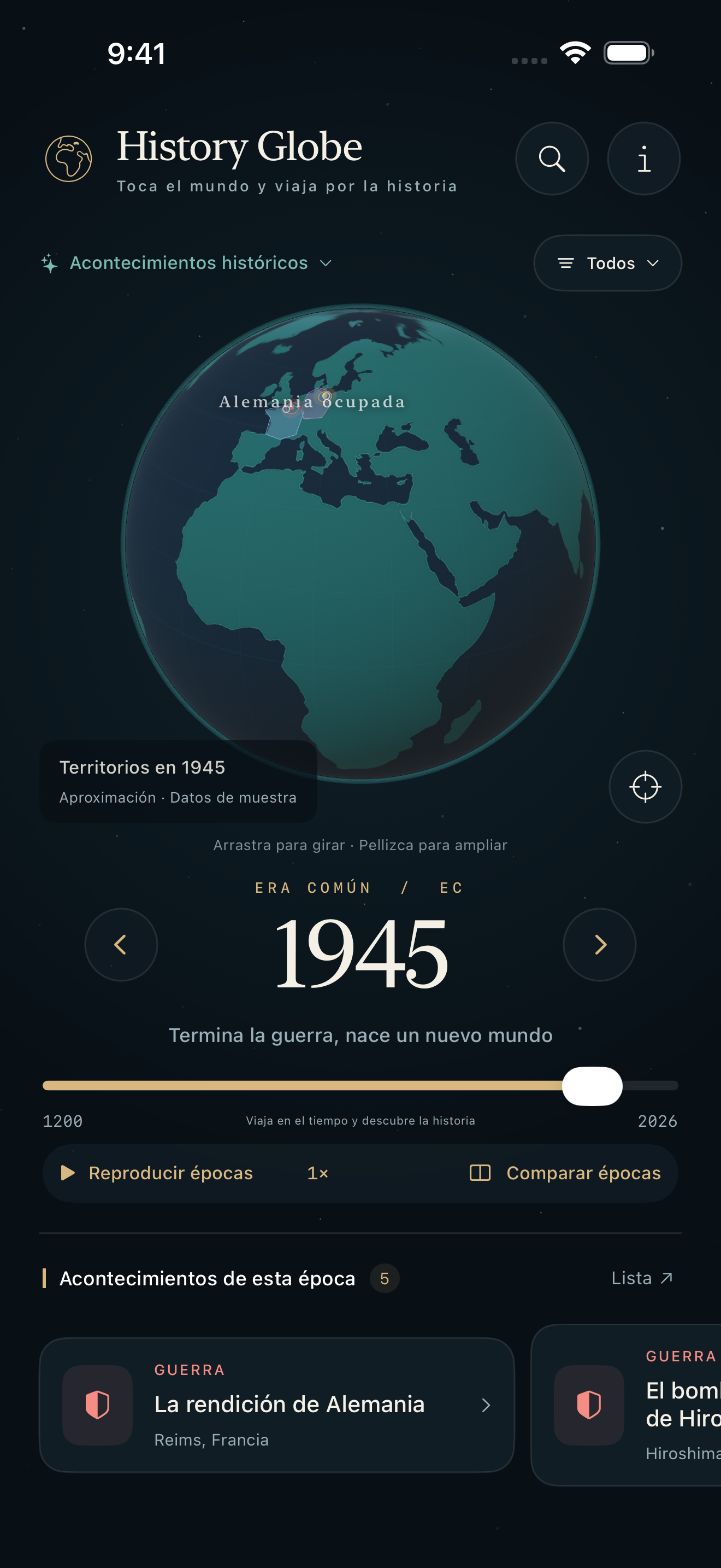 Pantalla de History Globe con el globo de 1945, la cronología y tarjetas de acontecimientos históricos