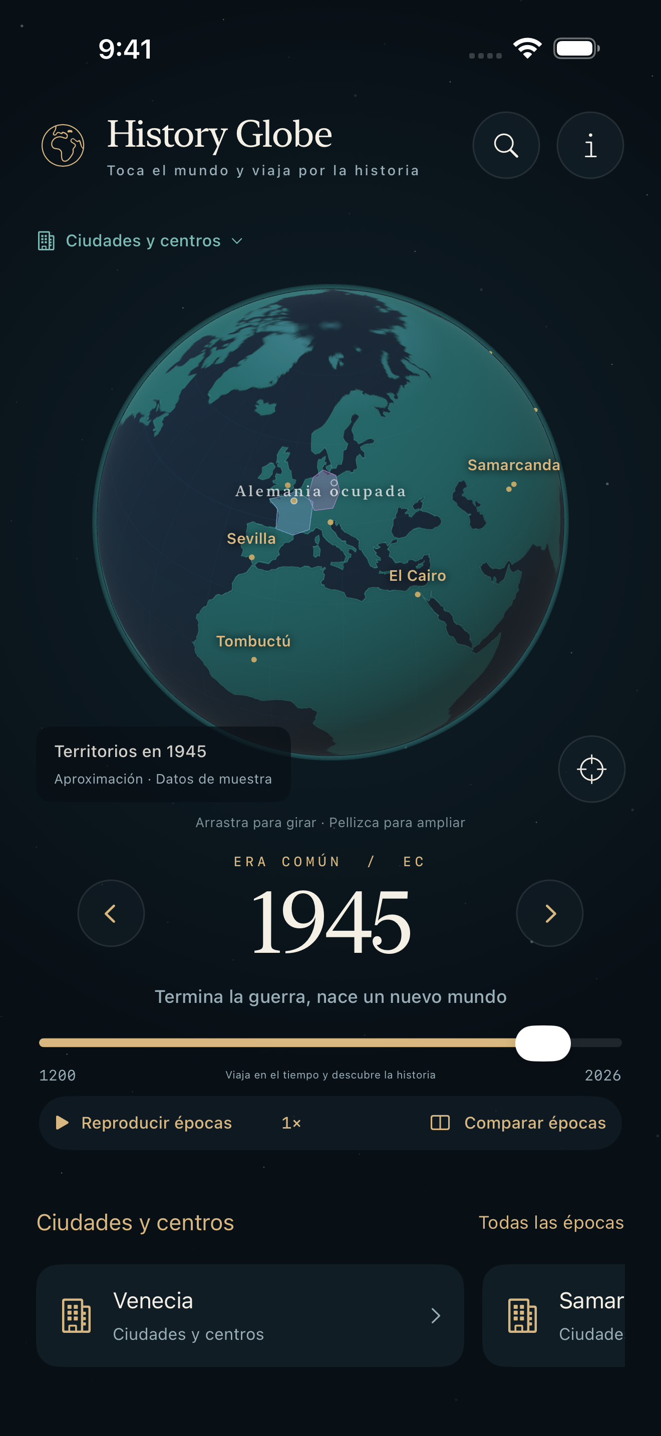 Venecia y otras ciudades históricas en el globo de 1945