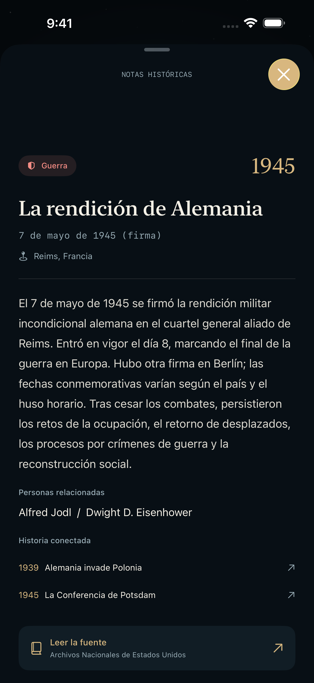 La rendición de Alemania en 1945, con acontecimientos relacionados y un enlace a la fuente