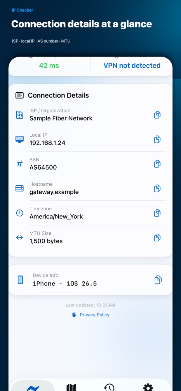 Connection details showing ISP, local IP, ASN, and MTU