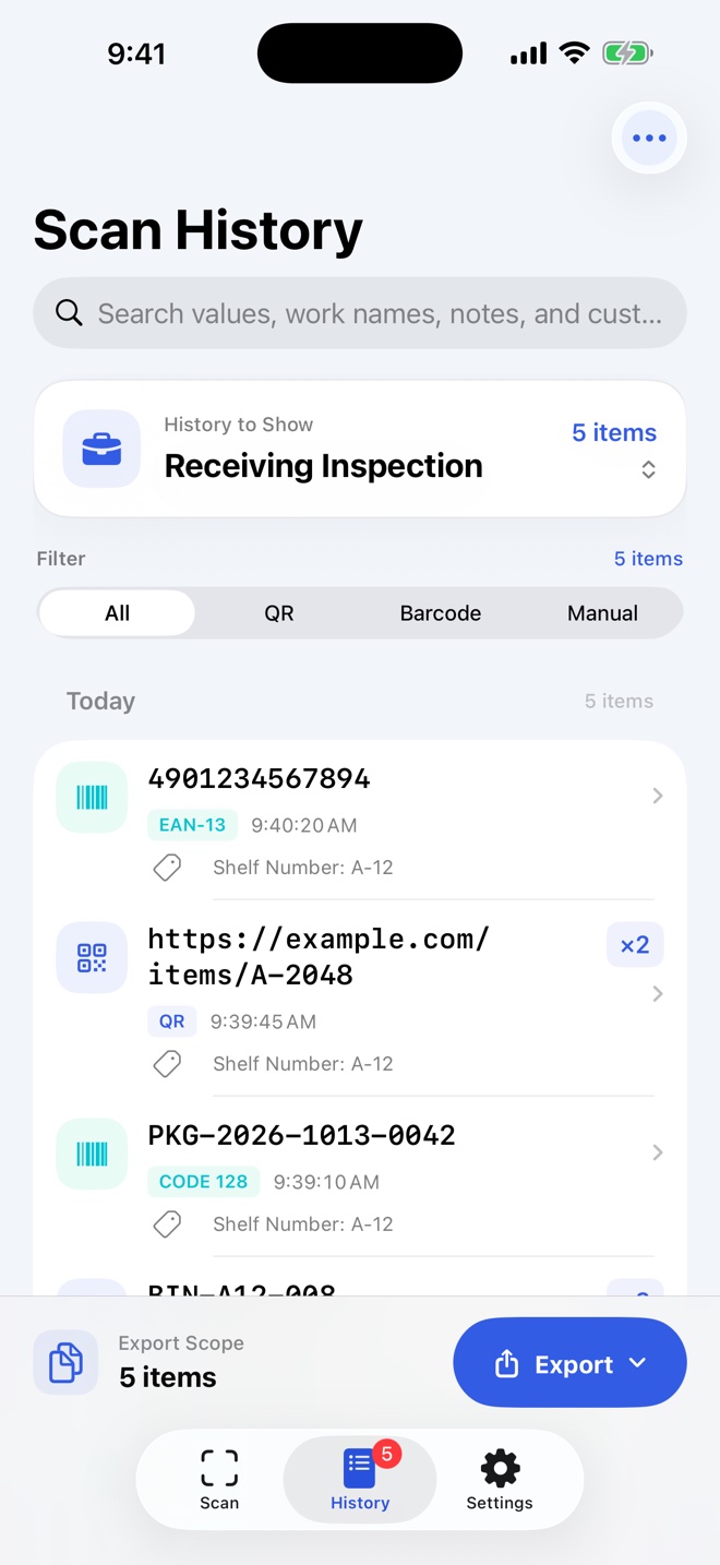 ScanList history showing receiving records with codes, quantities, shelf numbers, and an export button.