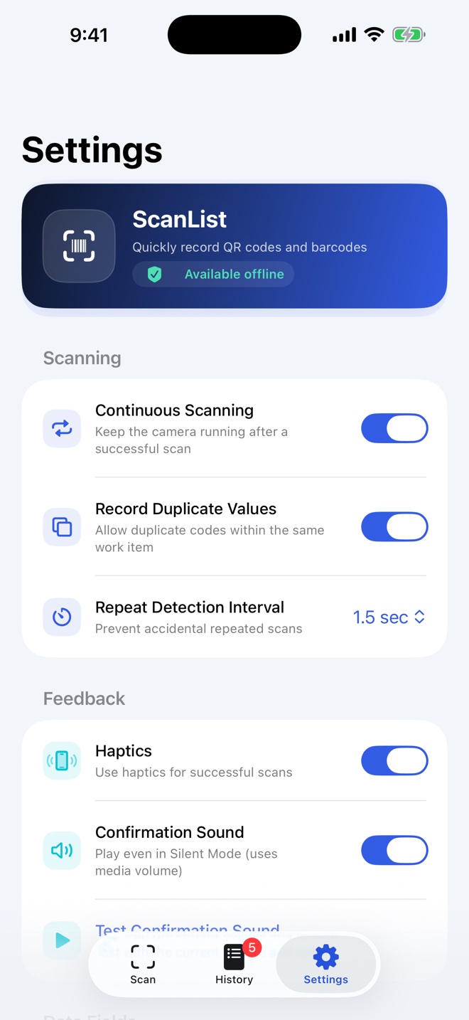 Continuous scanning, duplicate handling, detection interval, sound, and haptic settings