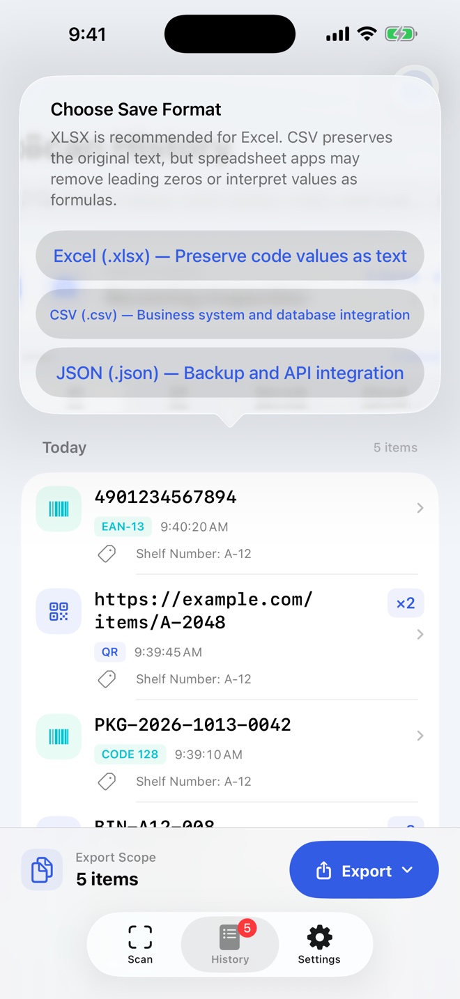 Menu for choosing Excel, CSV, or JSON as the export format