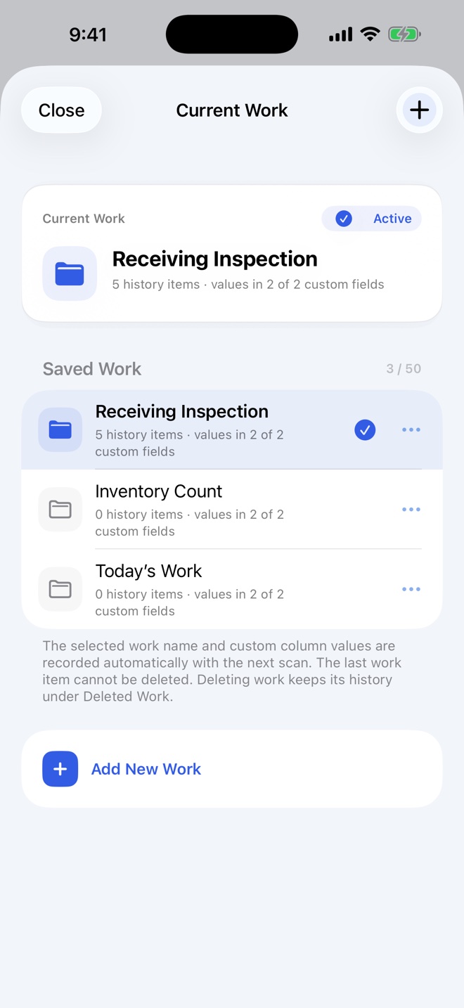 Current job and saved jobs for receiving and inventory checks