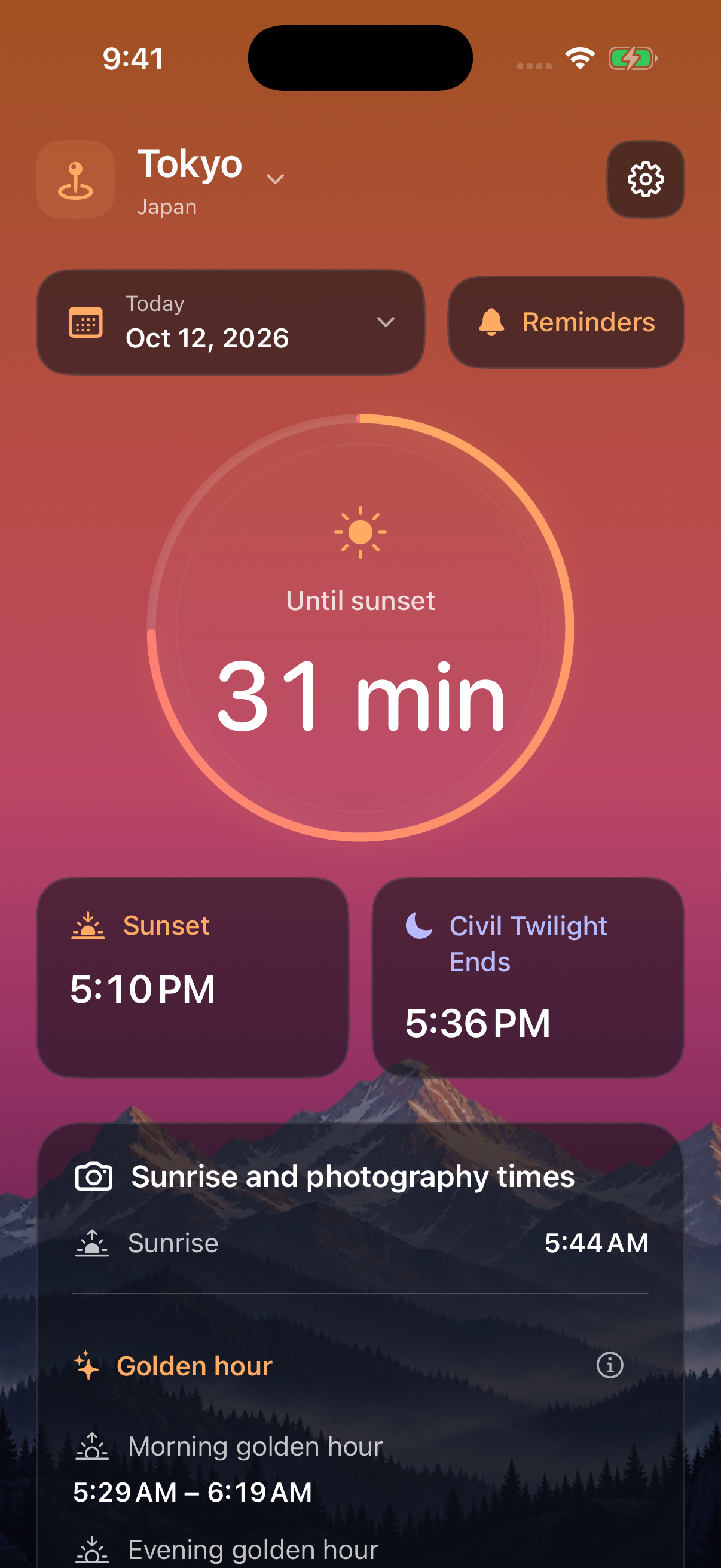 Sunset Clock 2.0.0 preview showing the countdown to sunset, sunset time, and the end of civil twilight.